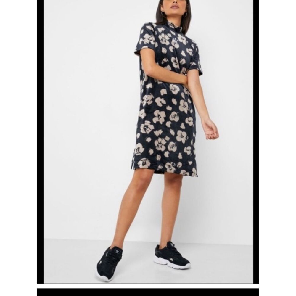 ADIDAS Originals Velvet Black Cream Floral Velour Short Sleeve Stretch Dress  L